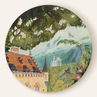 Based on the photographs I took when visiting the castles. The Neuschwanstein castle is visible in the mountains. Acrylic on canvas 40 cm